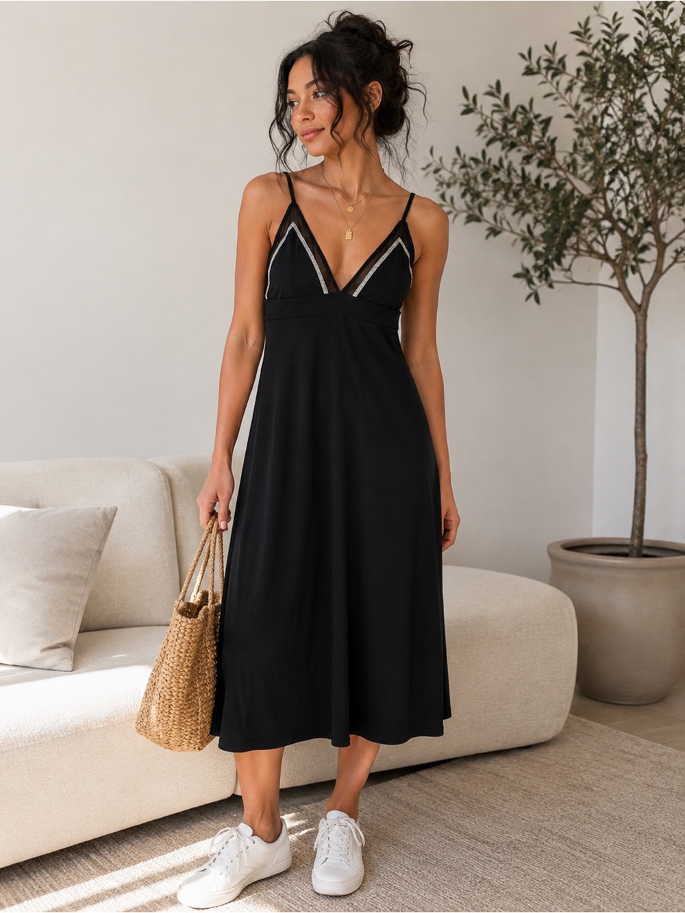Black Midi Slip Dress with Sheer Trim Detail